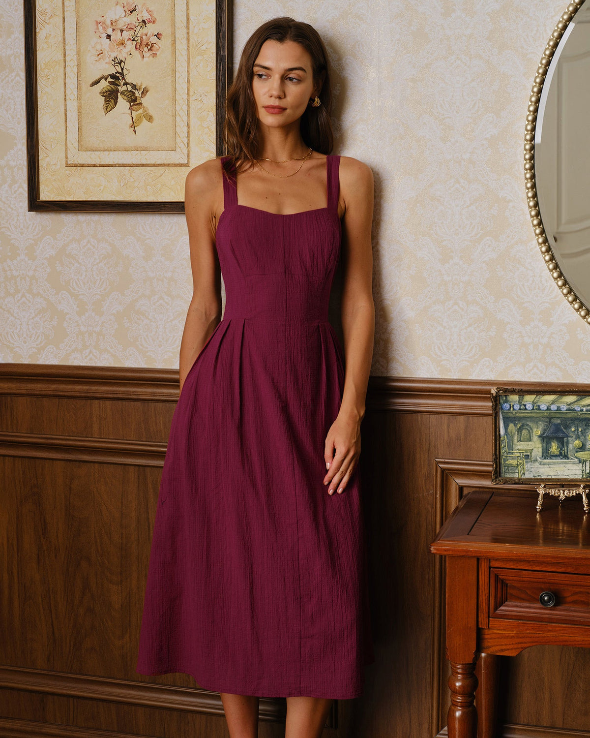 Wine red sweetheart midi dress with pockets - view 5