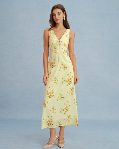 Yellow floral chiffon maxi dress with V-neck - view 5