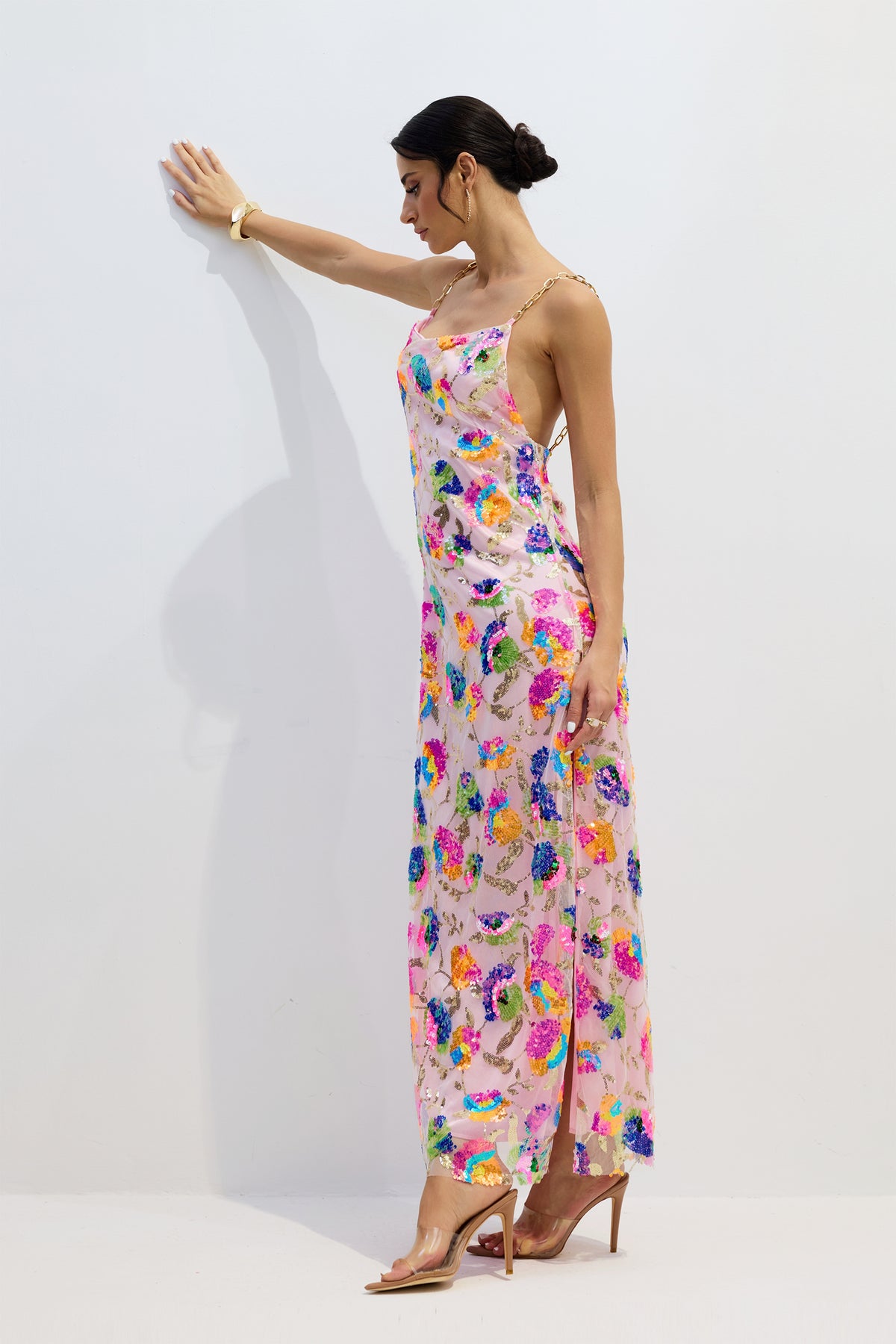 Pink sequin backless maxi dress with shoulder chain - view 2