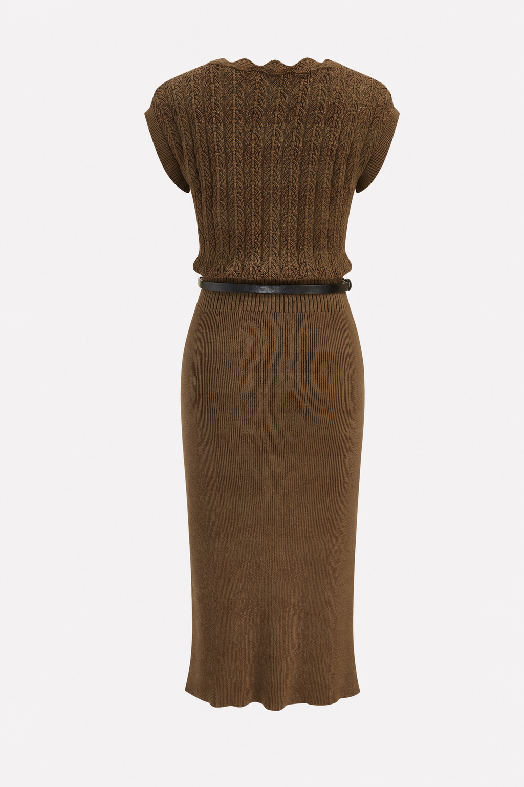 Brown Cotton Knit Belted Midi Dress - view 5