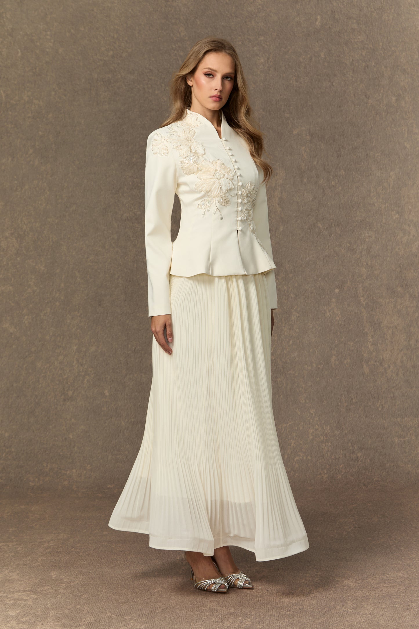 Lace applique peplum jacket and pleated skirt set - view 6