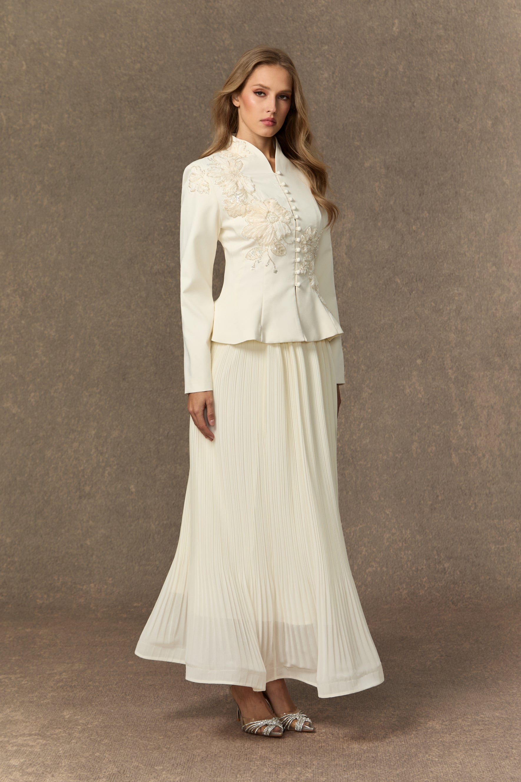 Lace applique peplum jacket and pleated skirt set - view 6