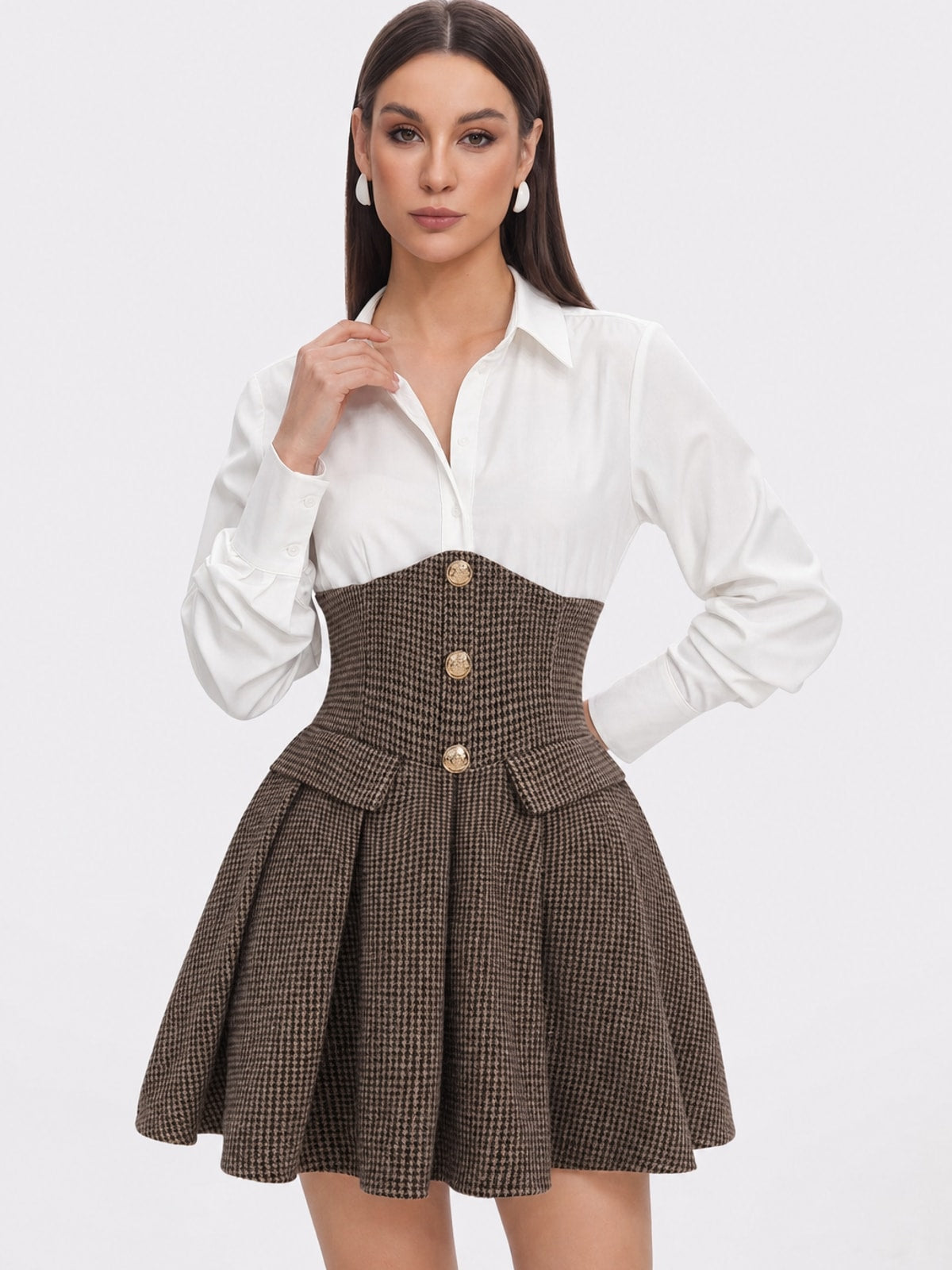 Brown Houndstooth Tweed Pleated Mini Dress - 3