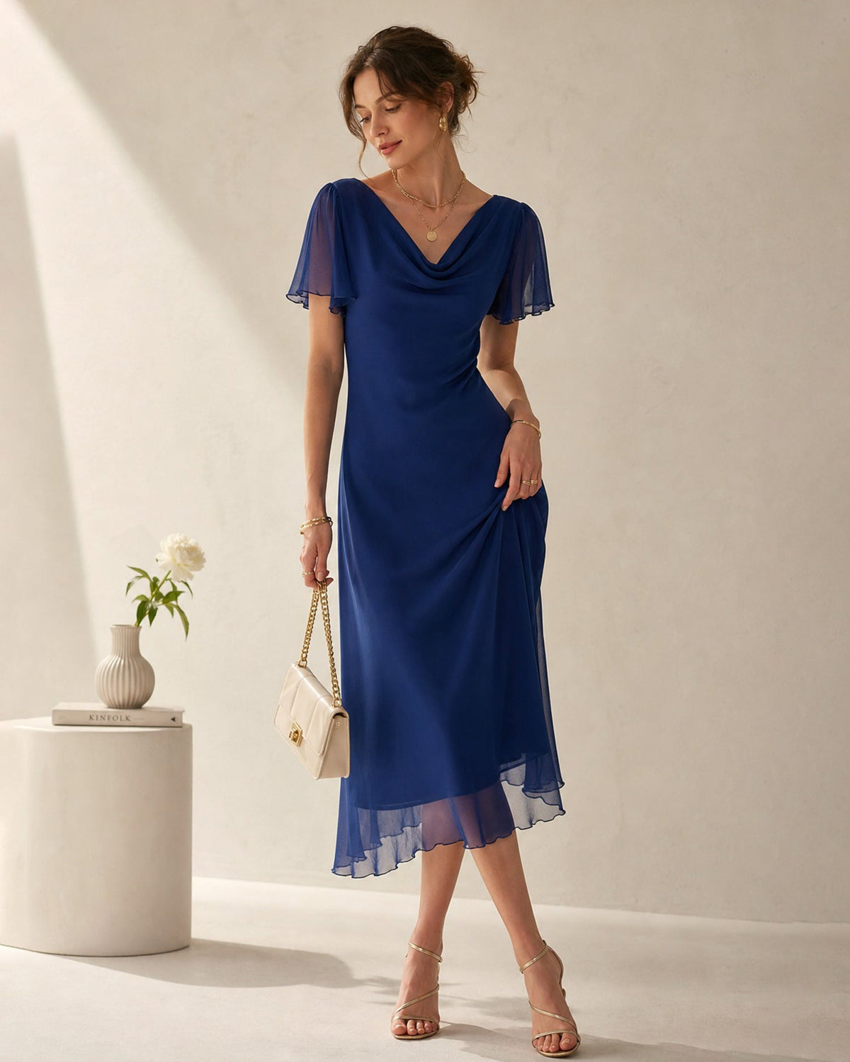 Navy Cowl Neck Mesh Midi Dress - view 5