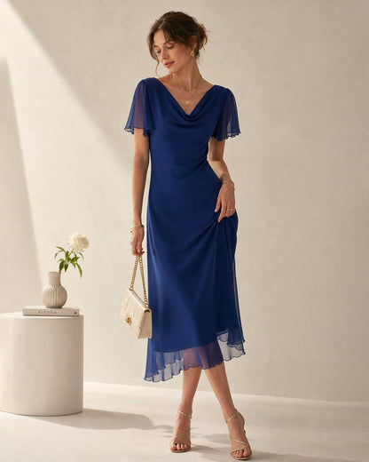 Navy Cowl Neck Mesh Midi Dress - view 5