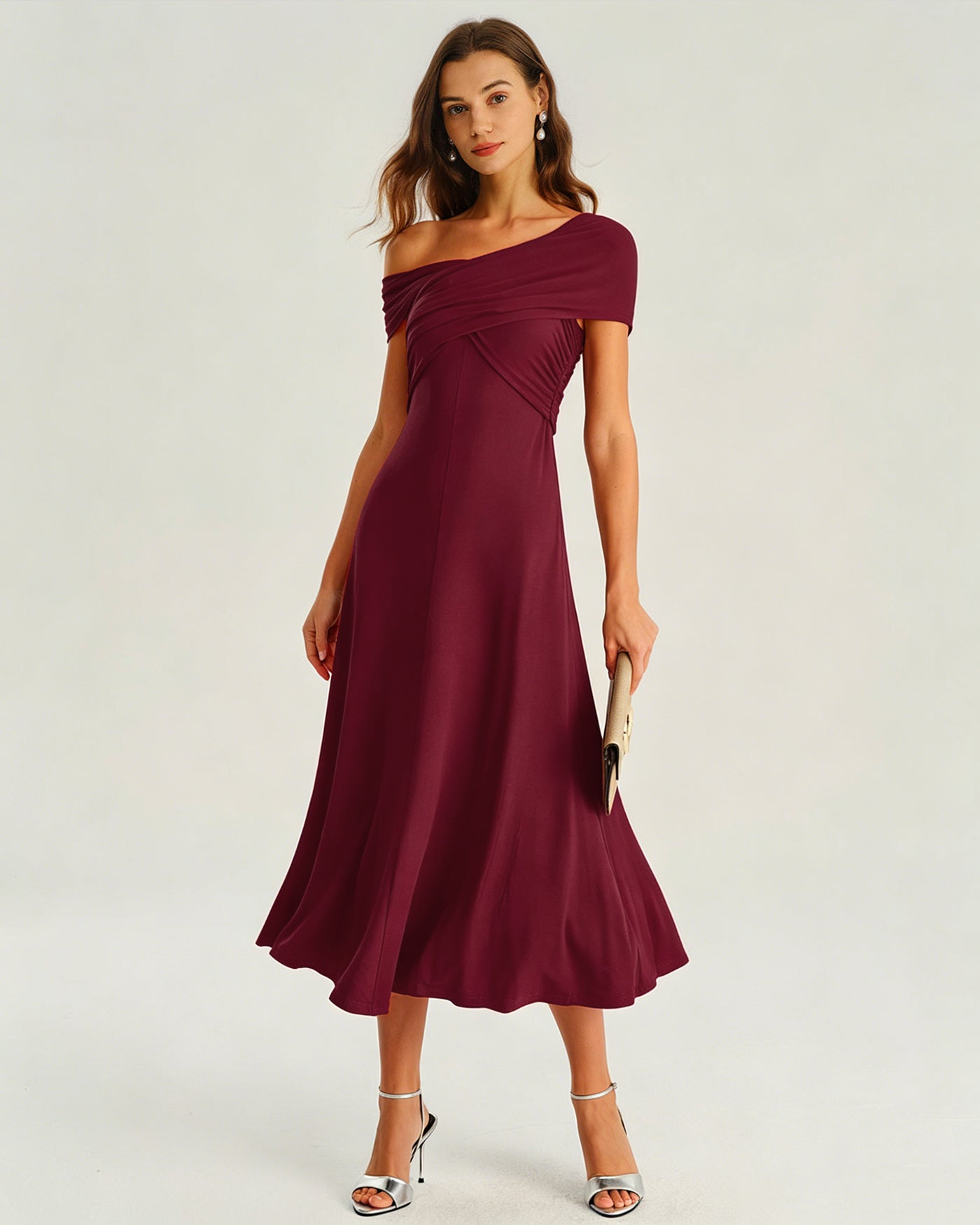 One-Shoulder Ruched Midi Dress in Wine Red - view 2
