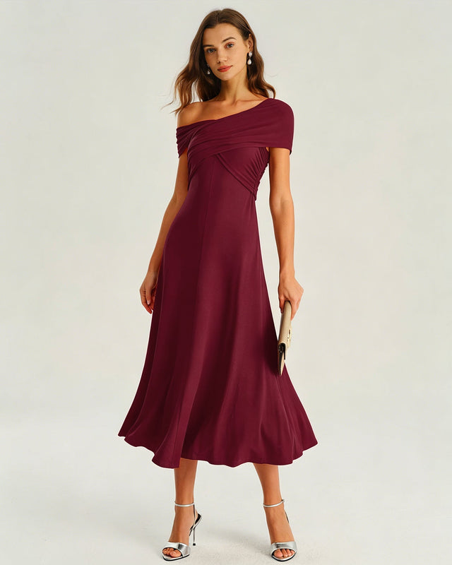 One Shoulder Ruched Midi Dress Wine Red A-Line - 2
