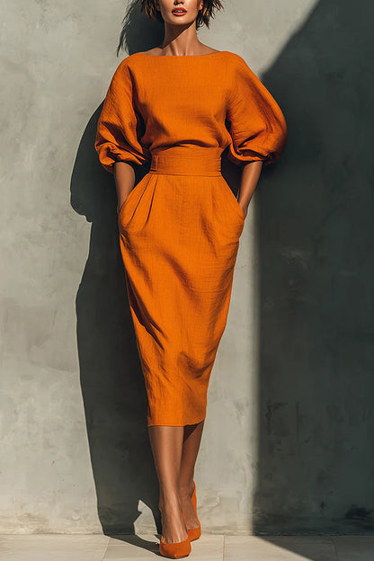 Puff Sleeve High-Waisted Midi Dress - view 2