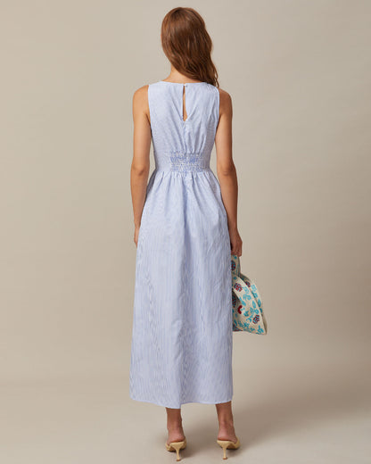 Blue Striped Maxi Dress with Tie Front - view 4