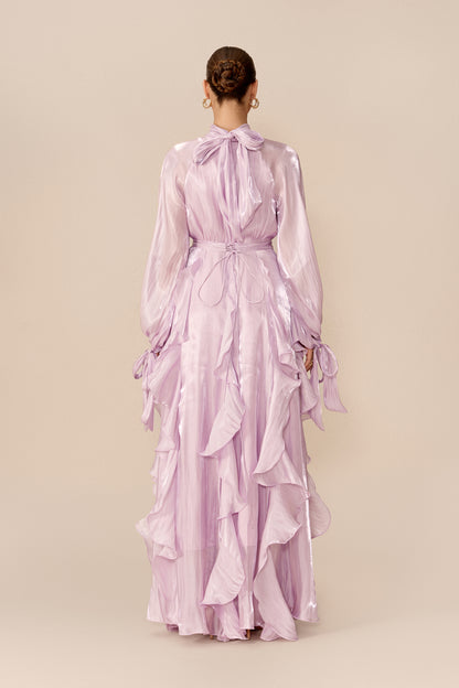 Purple puff sleeve maxi dress with ruffle trim - view 4