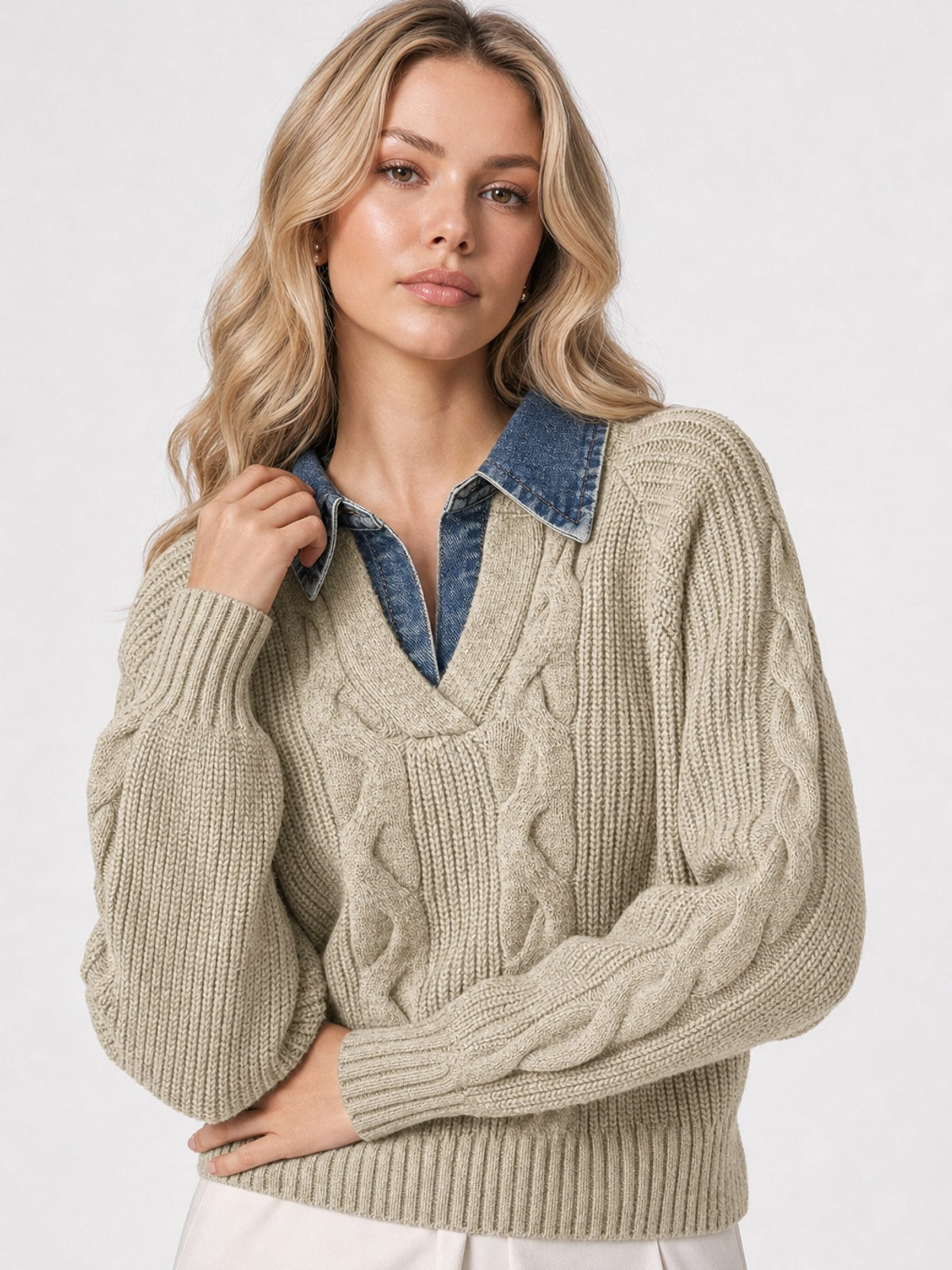 Denim Panel Sweater With Ribbed Lapel - 6