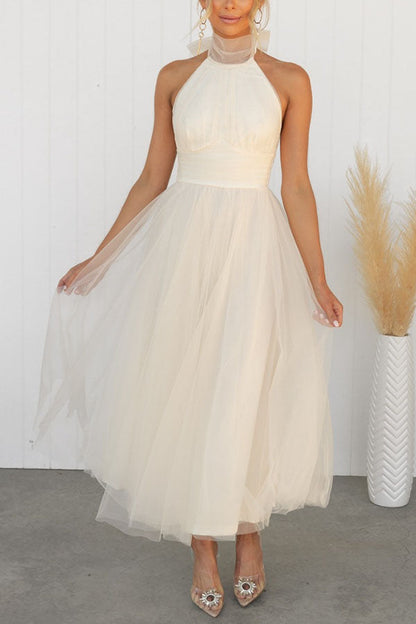 Tulle halter maxi dress with gathered bodice - view 3