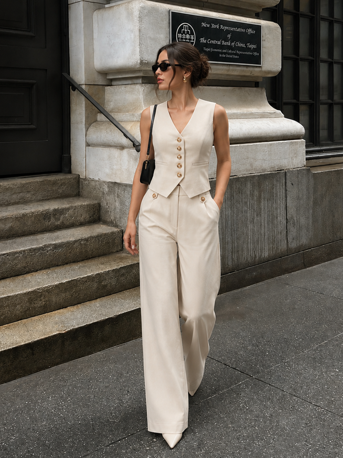 Polyester-Blend Cropped Vest And Wide-Leg Set - 2