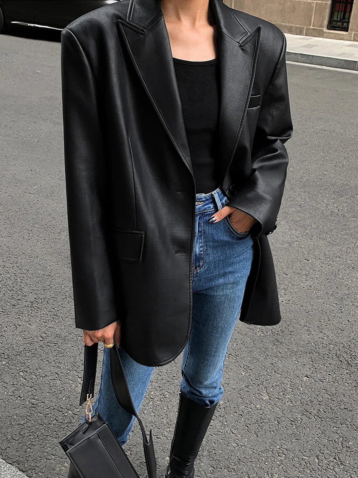 Oversized Faux Leather Blazer - view 5