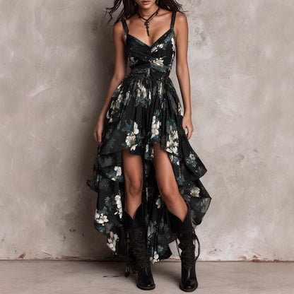 Black Floral Hi-Low Maxi Dress, Smocked Waist - view 2