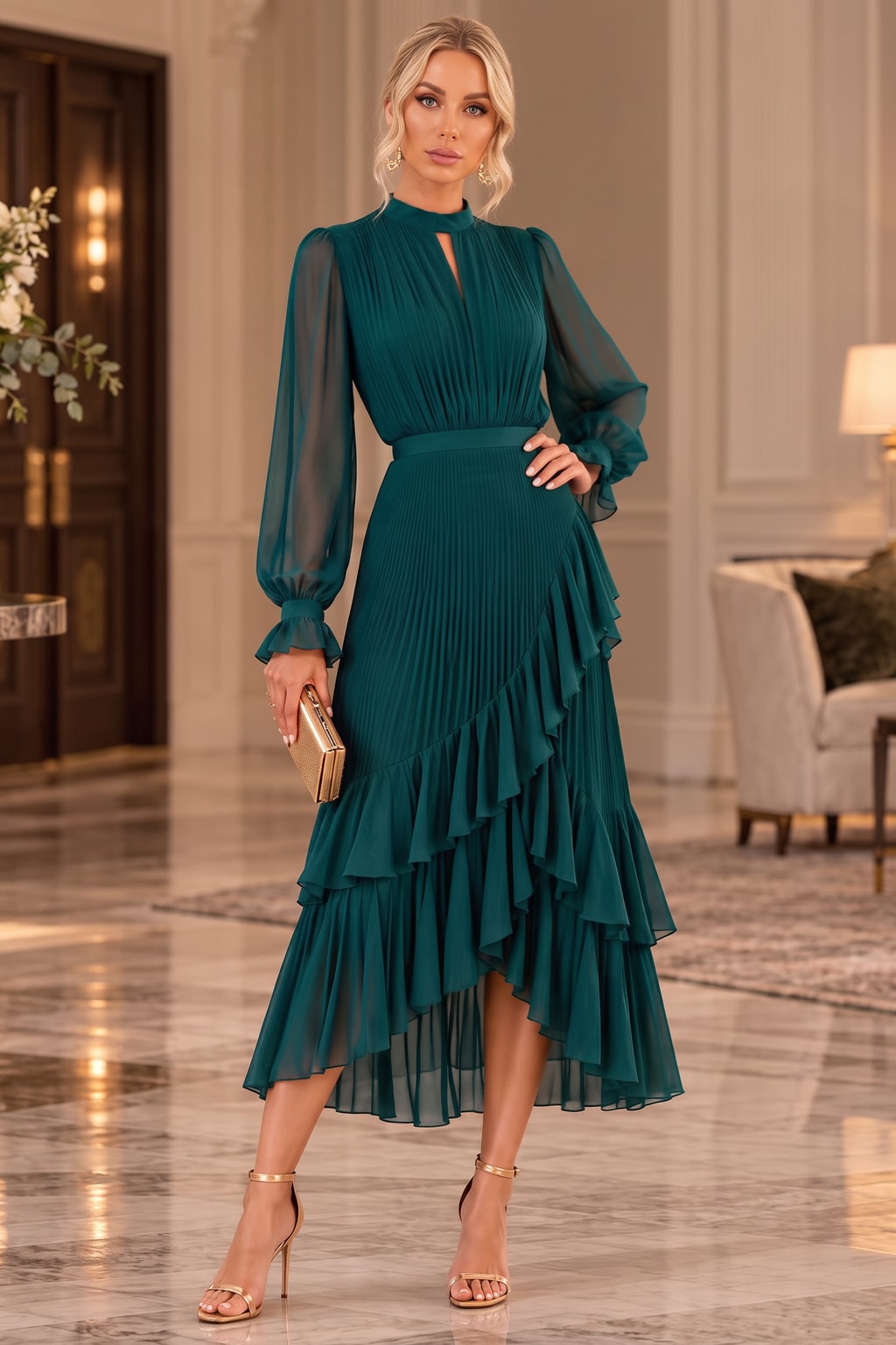 Cotton Blend Mock Neck Midi Dress - 5