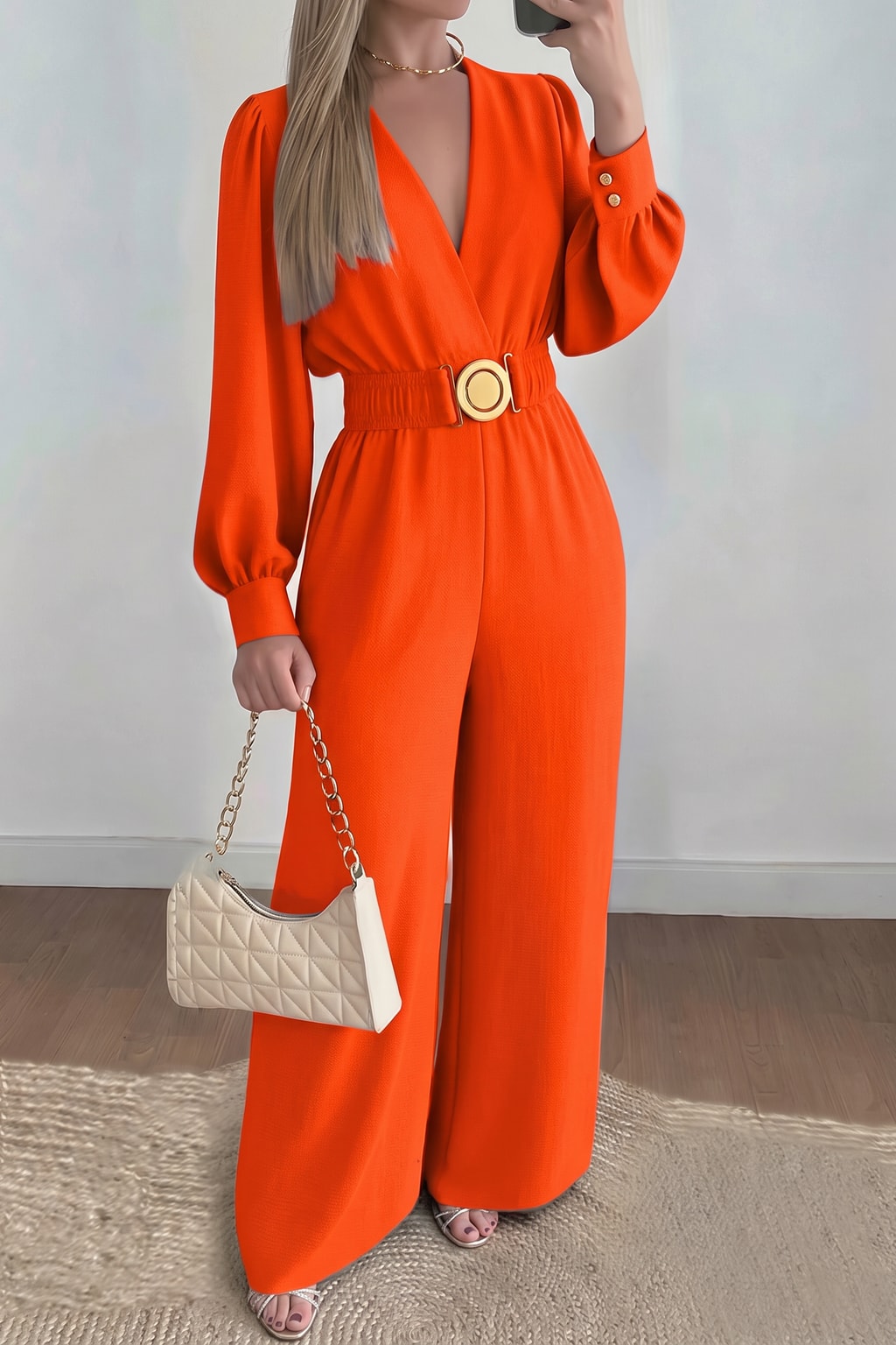 Cotton Long Sleeve Wide Leg Jumpsuit With Belt - 2