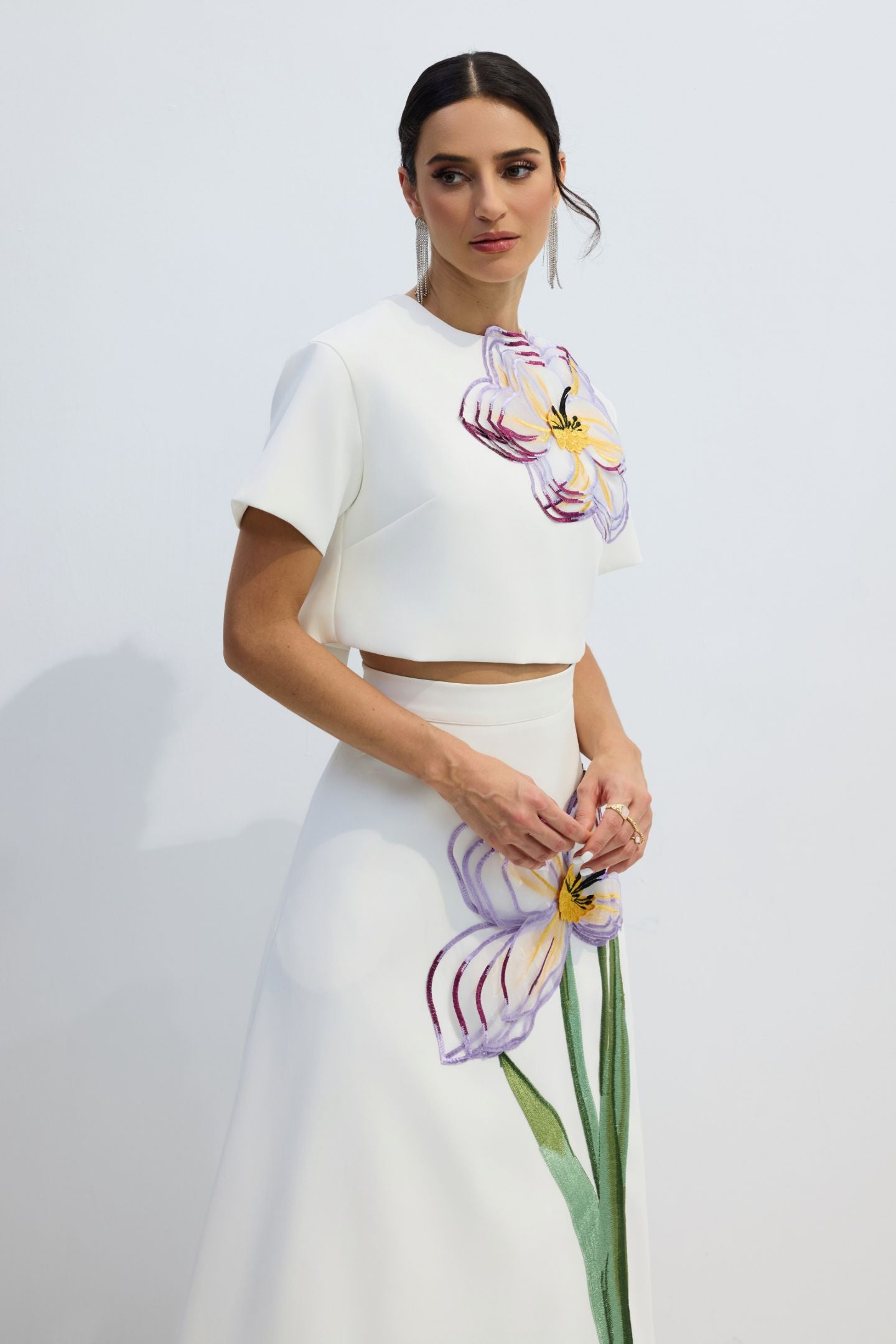 Floral Applique Crop Top and A-Line Skirt Set - view 5