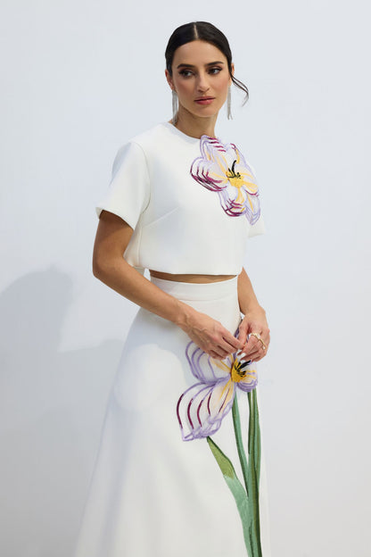 Floral Applique Crop Top and A-Line Skirt Set - view 5