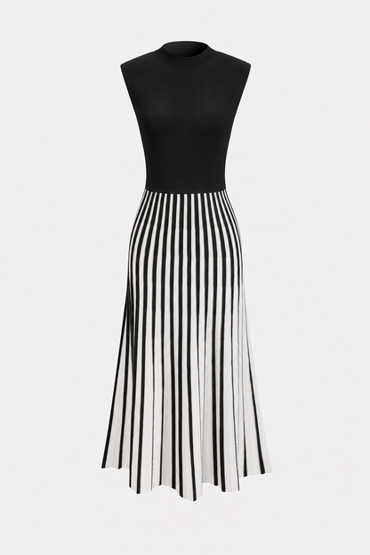 Mock Neck Color Block Knit Midi Dress