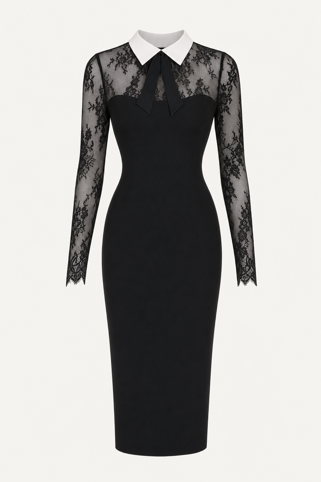 Bow Collar Lace Midi Dress in Black