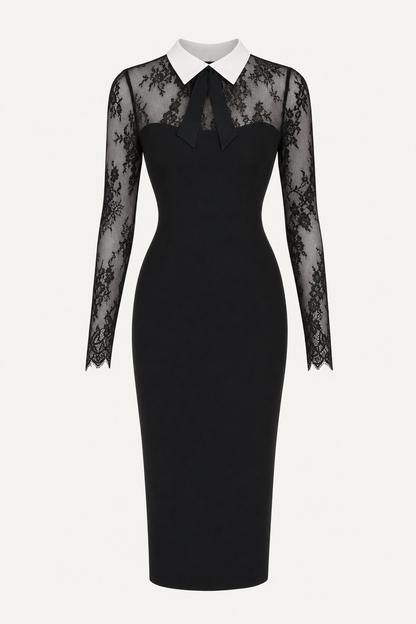 Bow Collar Lace Midi Dress in Black