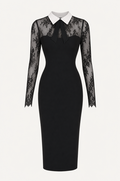 Bow Collar Lace Midi Dress in Black