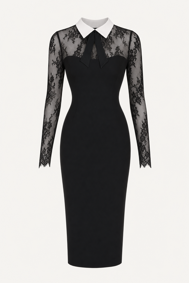 Bow Collar Lace Midi Dress in Black