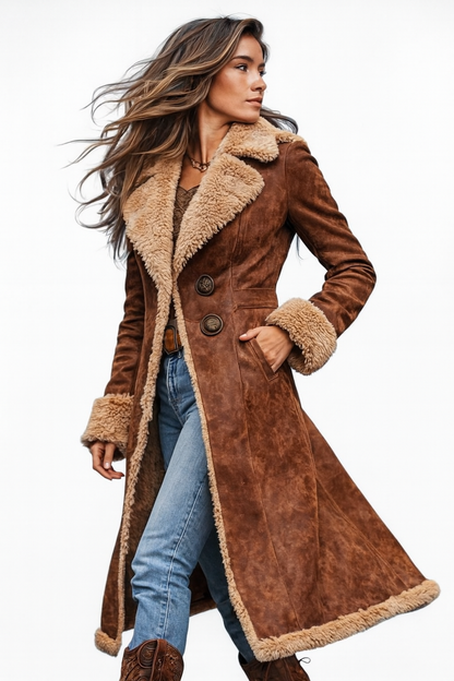 Faux Suede Long Coat with Faux Fur Lining - view 4