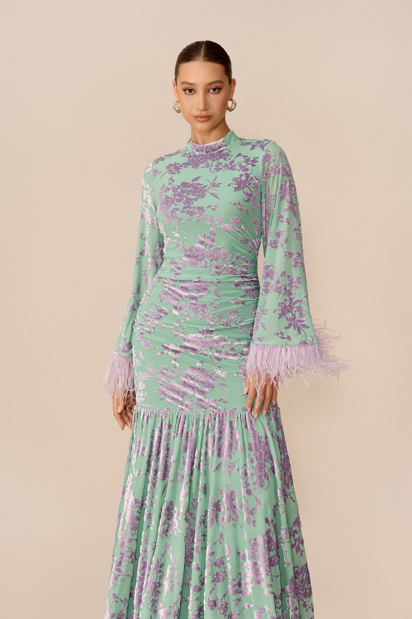 Blue velvet floral maxi dress with feather cuffs - view 3