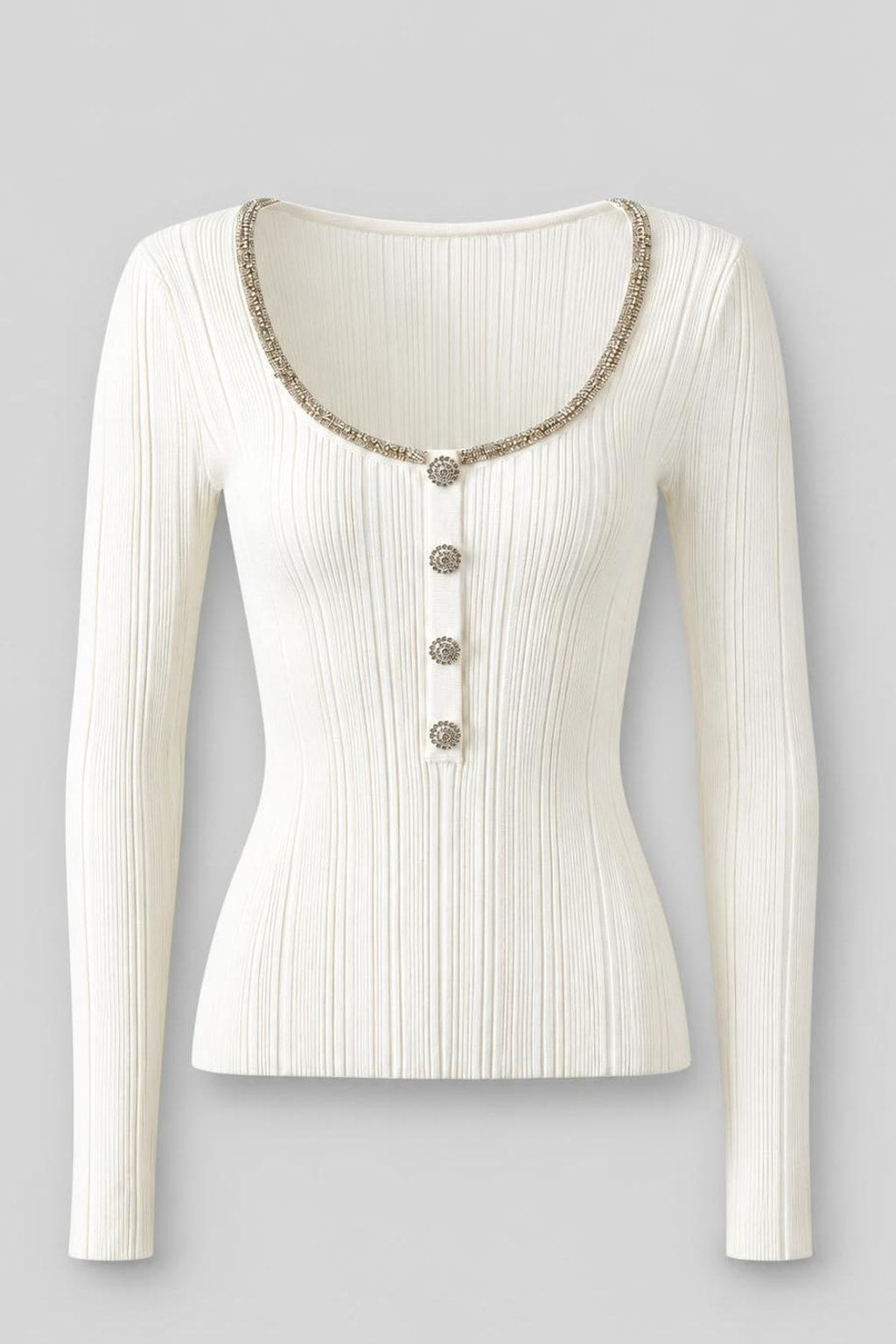 Viscose-Wool Blend Diamond-Embellished Scoop Neck Top - 1