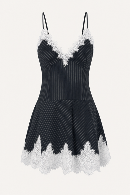 Lace Trim Striped Slip Mini Dress