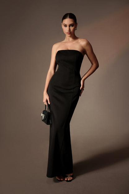 Black strapless maxi dress with sheer gradient cape - view 5