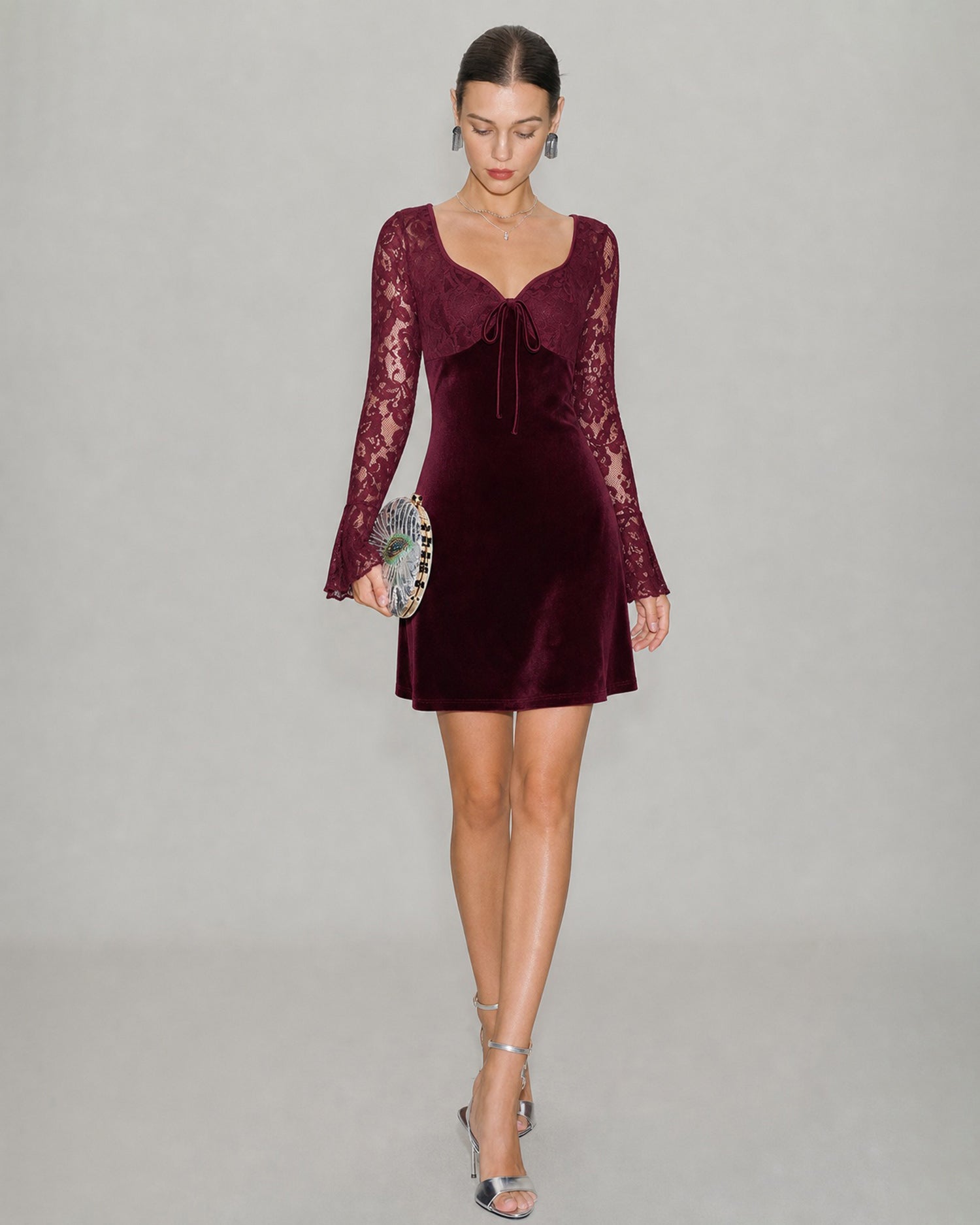 Red velour mini dress with lace splicing - view 2