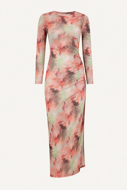 Tie-Dye Mesh Overlay Ruched Midi Dress