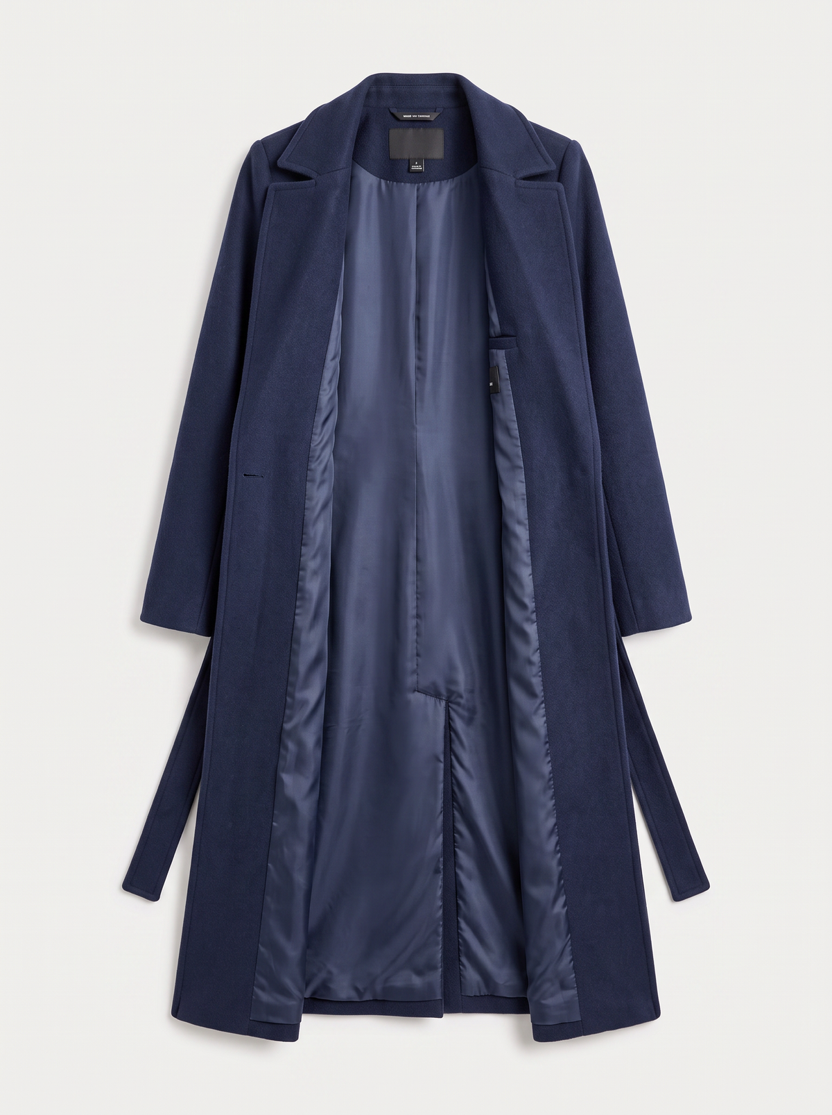 Navy wool blend trench coat with belted waist
