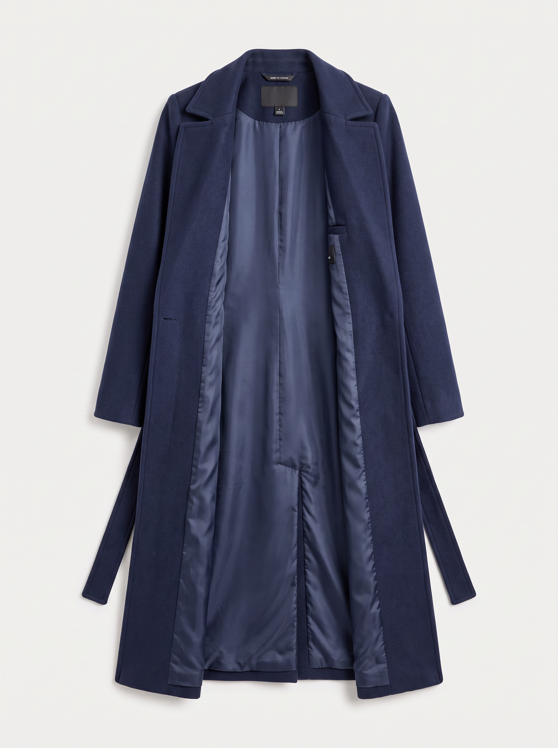 Navy wool blend trench coat with belted waist