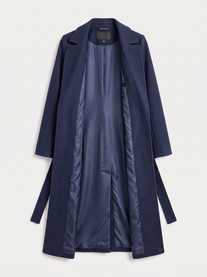 Navy wool blend trench coat with belted waist
