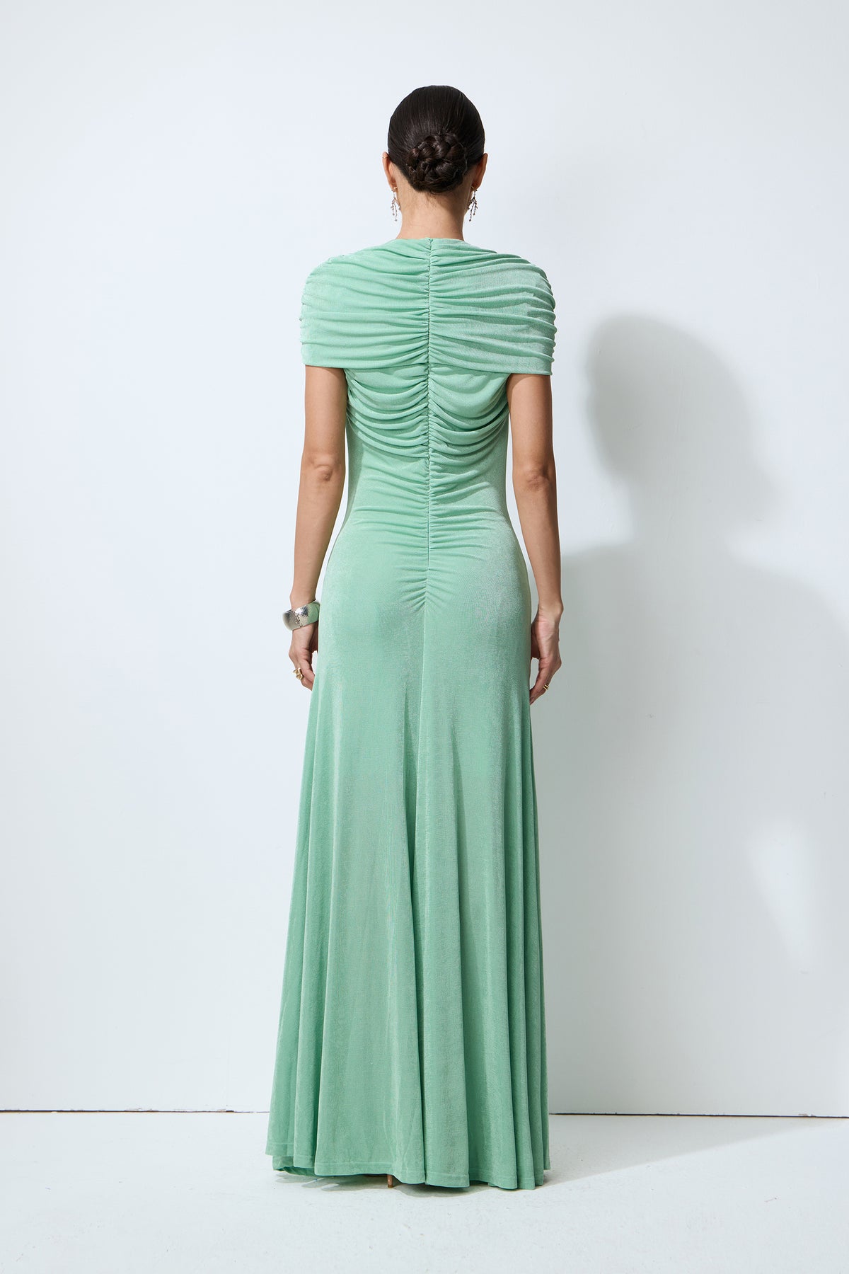 Green velvet ruched cap sleeve maxi dress - view 4
