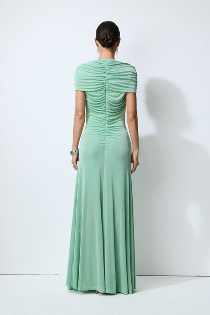 Green velvet ruched cap sleeve maxi dress - view 4