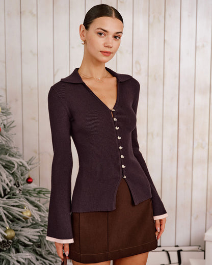 Purple Knit Bell Sleeve Cardigan - view 3