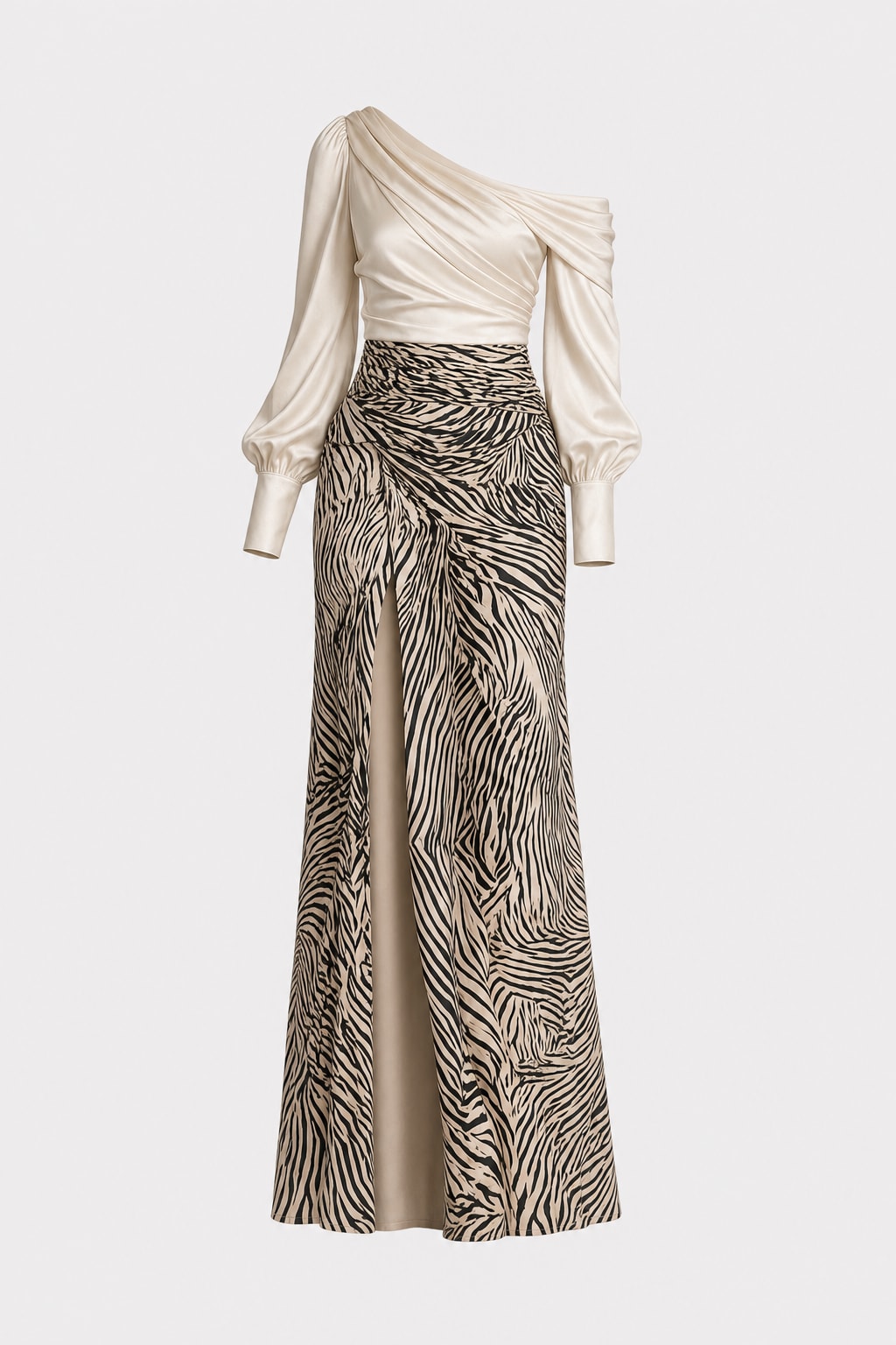 Satin Two-Piece Set With Off-Shoulder Zebra Print Skirt - 1