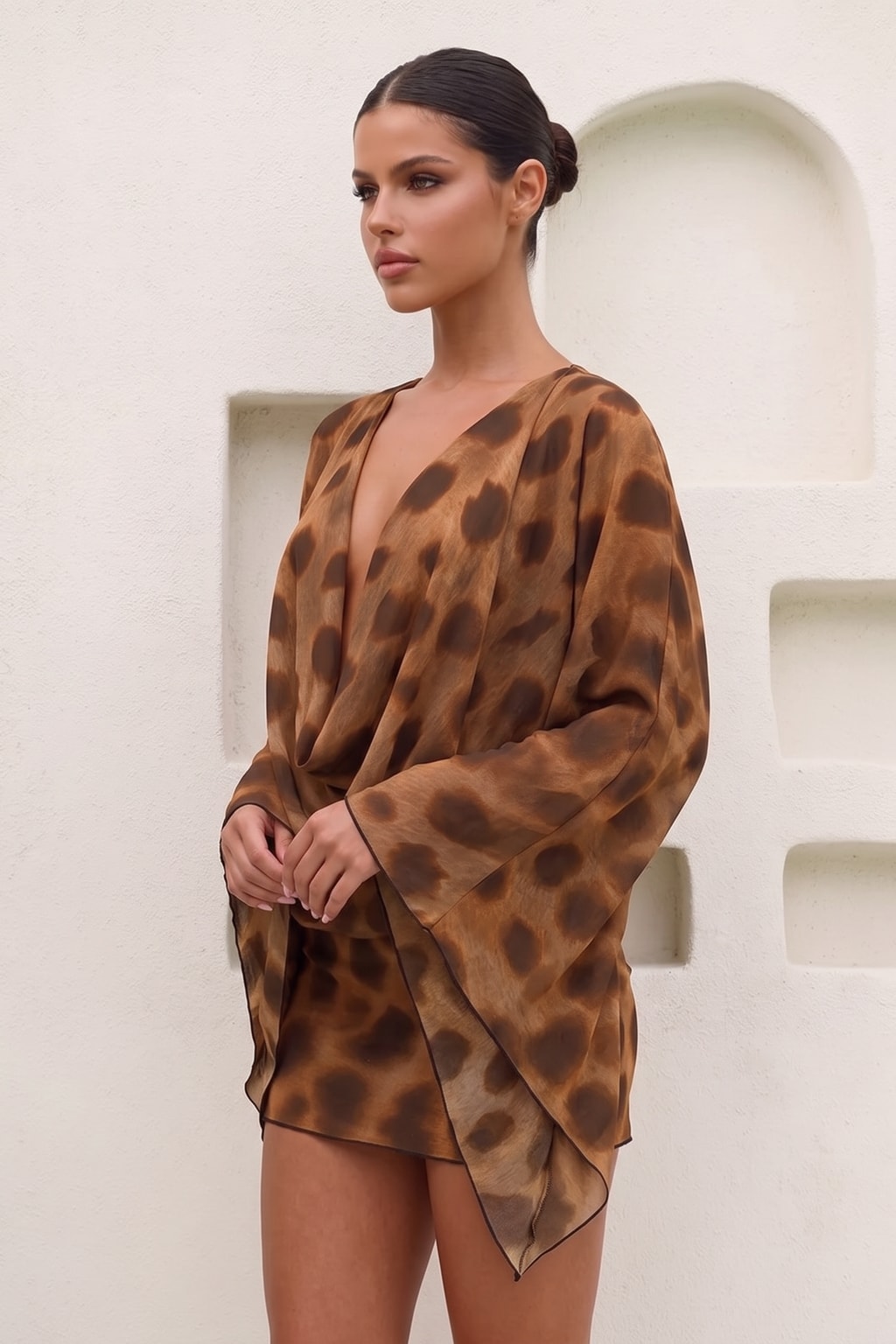 Polyester Mini Dress Leopard Cowl Neck - 4