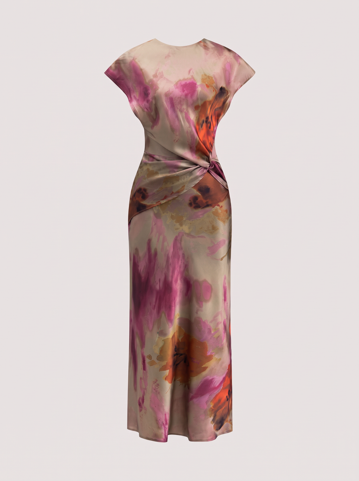 Light brown satin twist-knot cutout midi dress