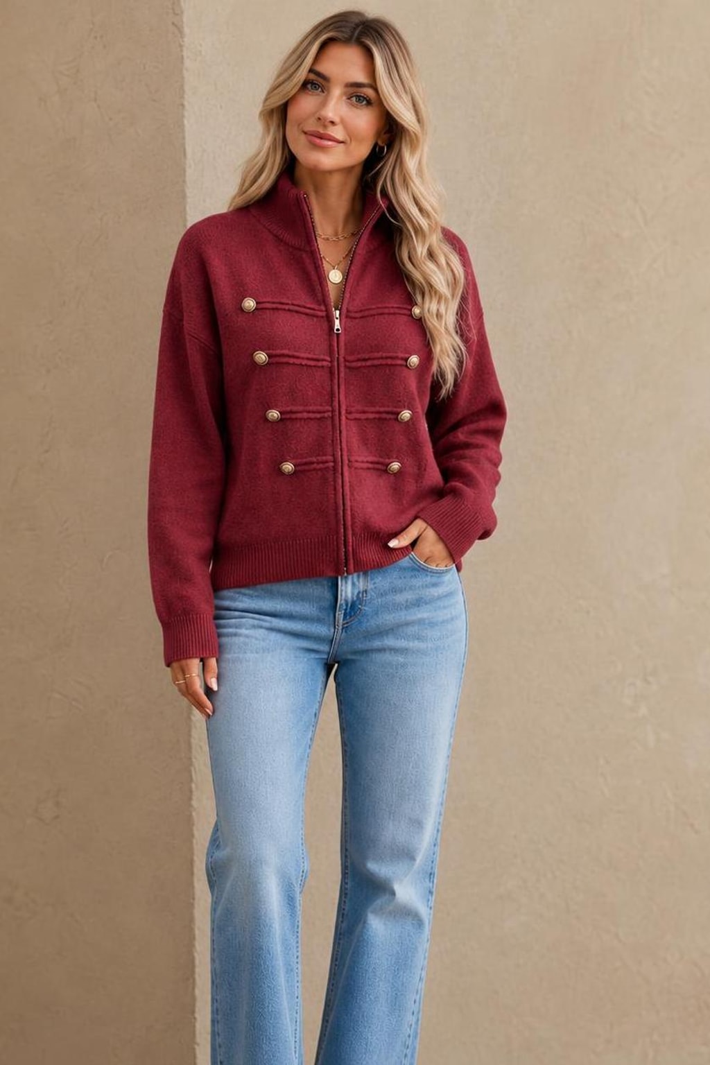 Knit Zip-Front Military-Style Cardigan - 12