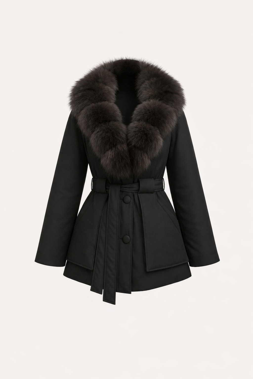 Down Jacket With Fox Fur Collar And Belt - 1