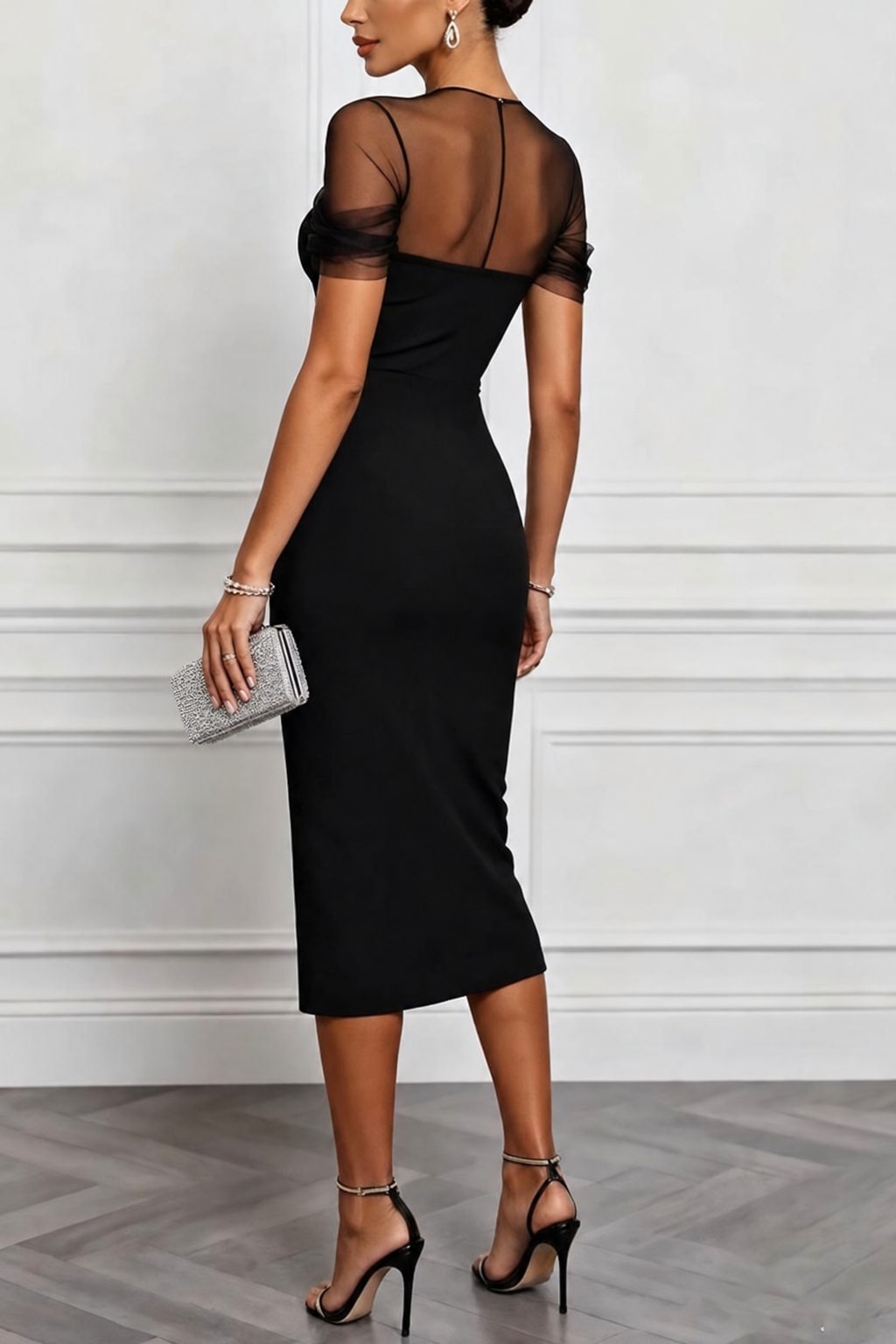 Black Mesh Sweetheart Neck Midi Dress - 3