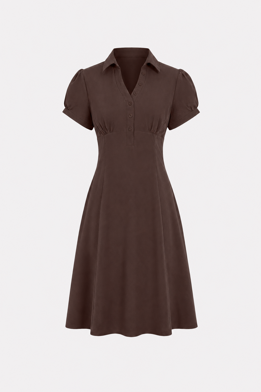 Puffed Sleeve Ruched A-Line Midi Dress
