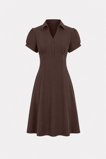 Puffed Sleeve Ruched A-Line Midi Dress