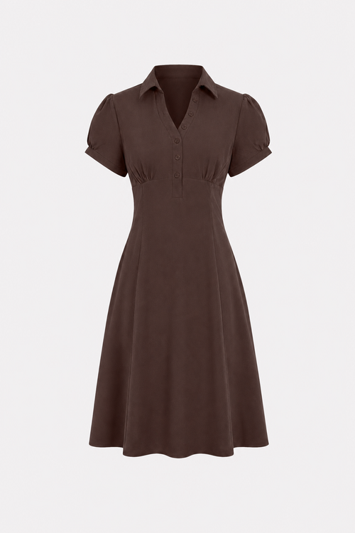 Puffed Sleeve Ruched A-Line Midi Dress